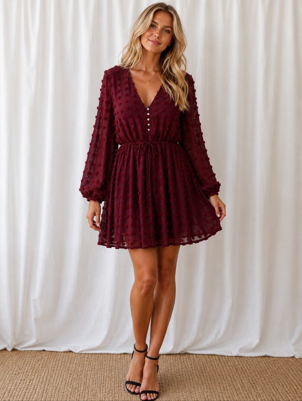 Entro Burgundy Swiss Dots Textured V-Neck Dress - Size: M